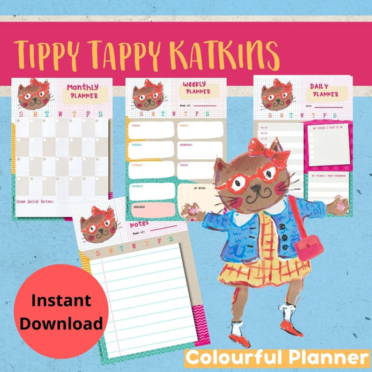 Tippy Tappy Katkins - Colourful Planner Pack | Printable - Miss Brooks Loves Books