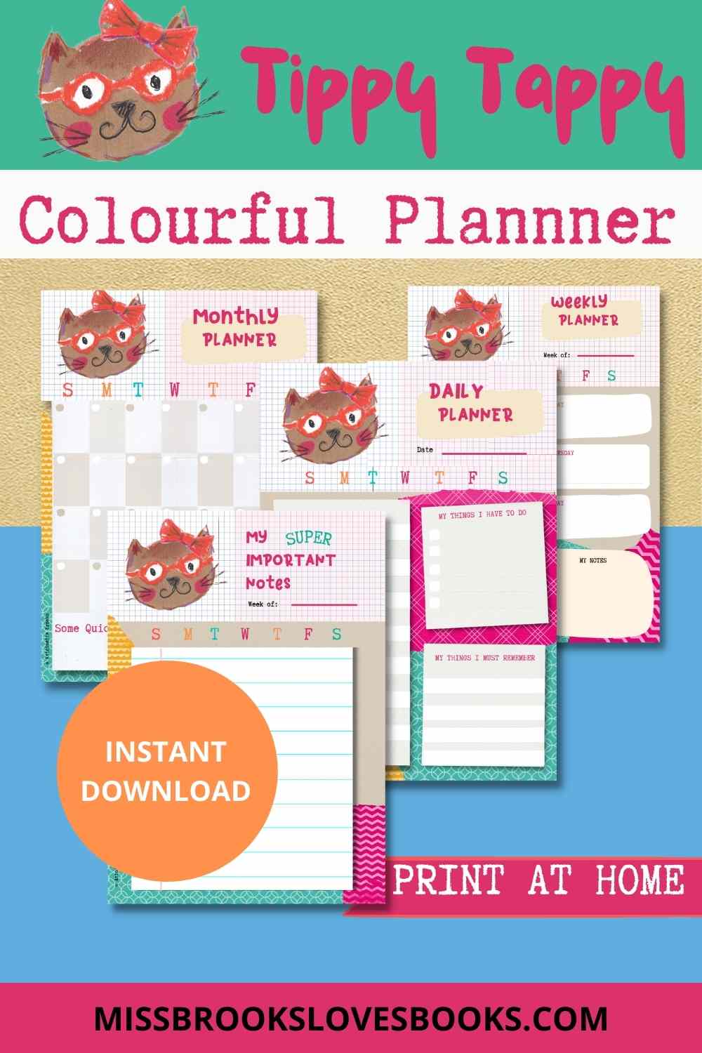 Tippy Tappy Katkins - Colourful Planner Pack | Printable - Miss Brooks Loves Books