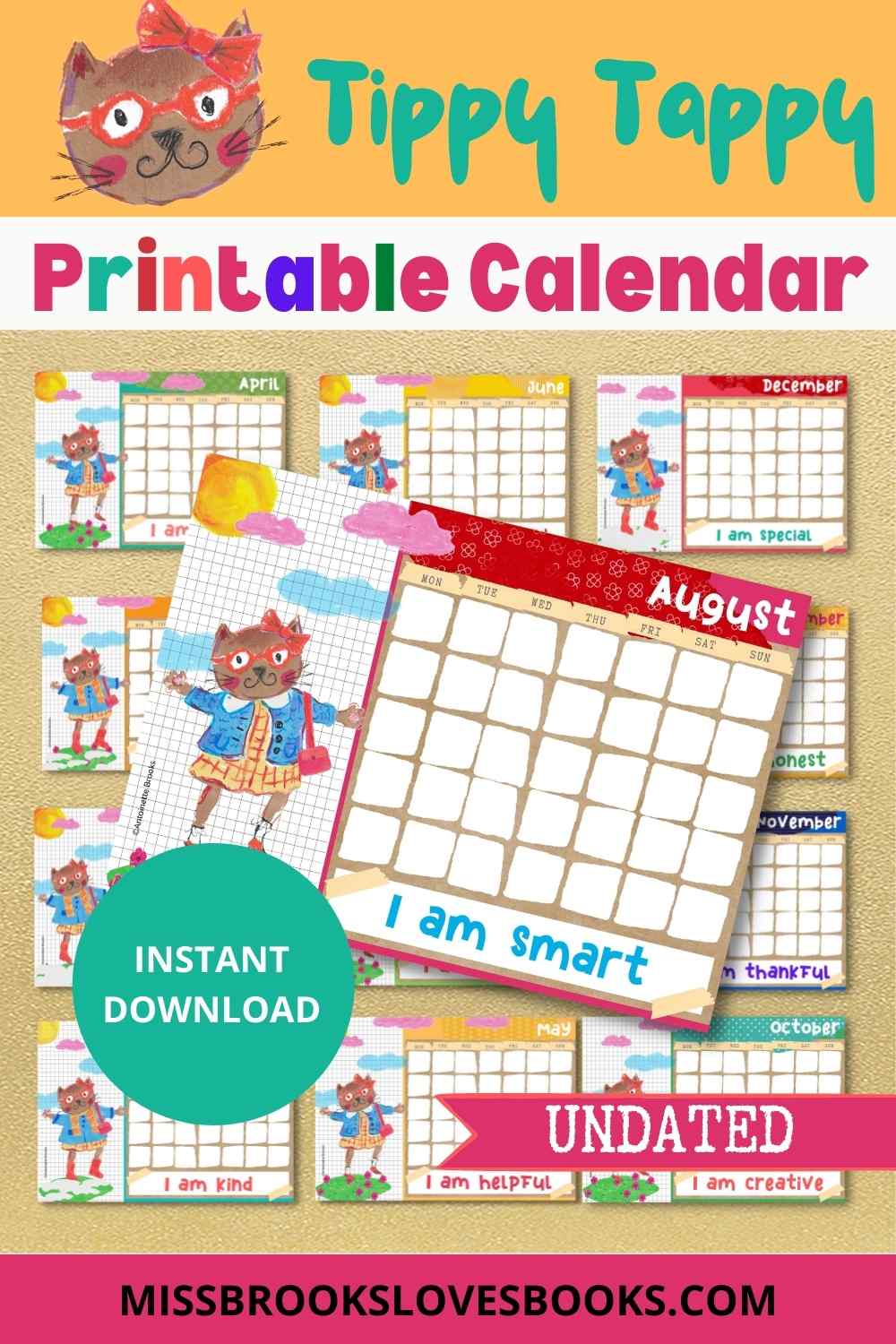 Tippy Tappy Katkins - Printable Calendar - Undated - Miss Brooks Loves Books